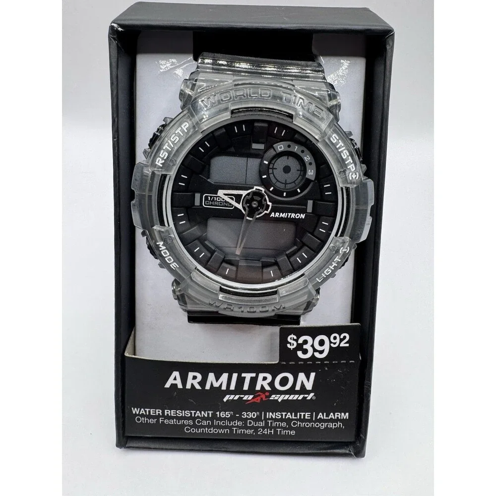 Armitron ProSport Watch 20/5445 Men Black Date Backlight Grey Resin Case New